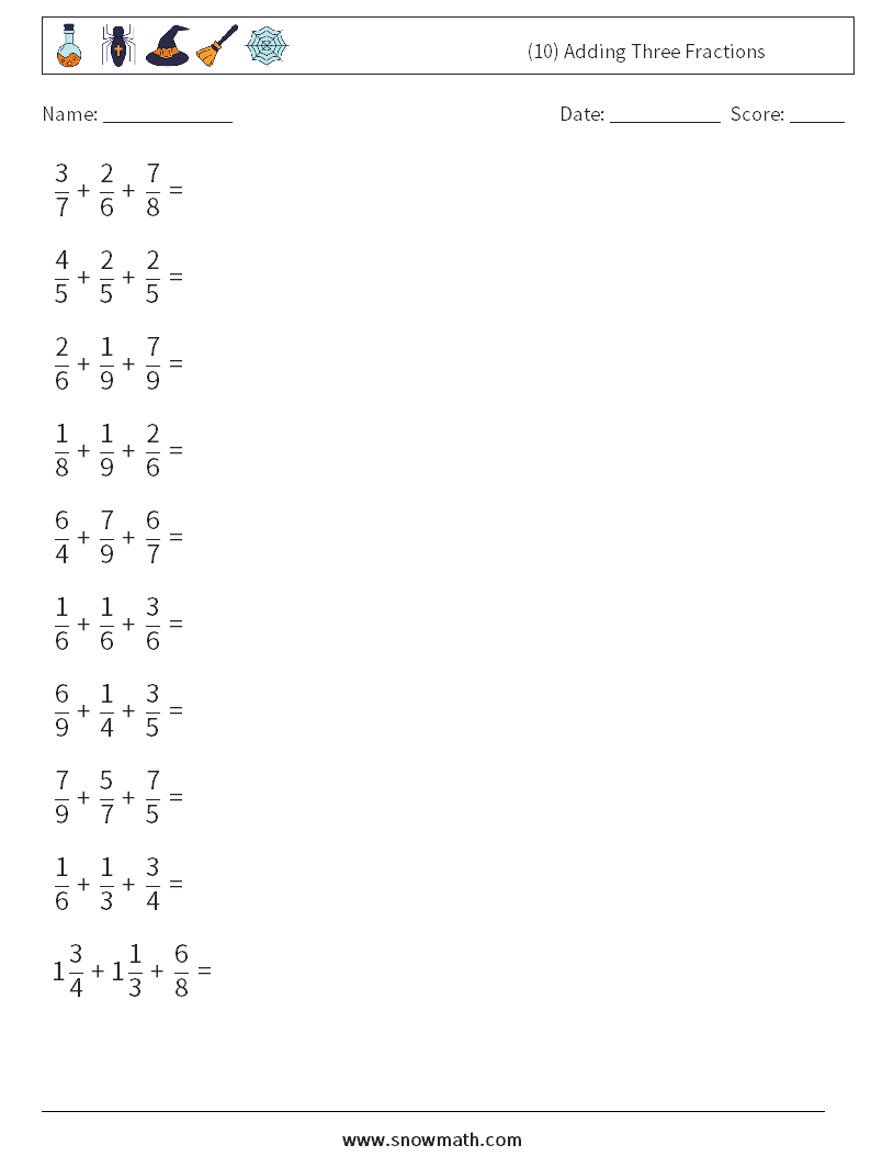 (10) Adding Three Fractions Maths Worksheets 1