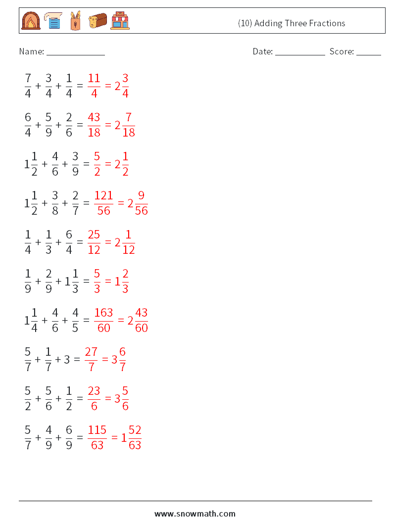 (10) Adding Three Fractions Math Worksheets 10 Question, Answer