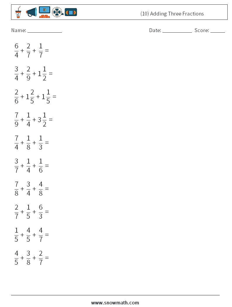 (10) Adding Three Fractions Math Worksheets 12