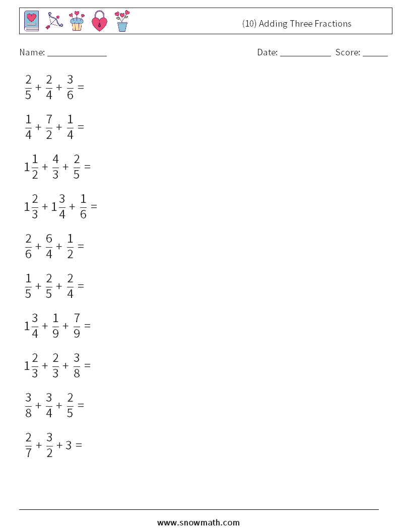 (10) Adding Three Fractions Math Worksheets 13