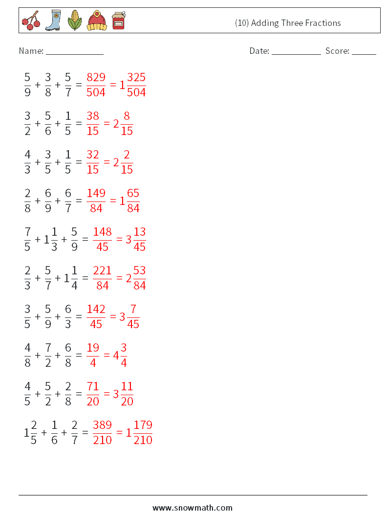 (10) Adding Three Fractions Math Worksheets 15 Question, Answer