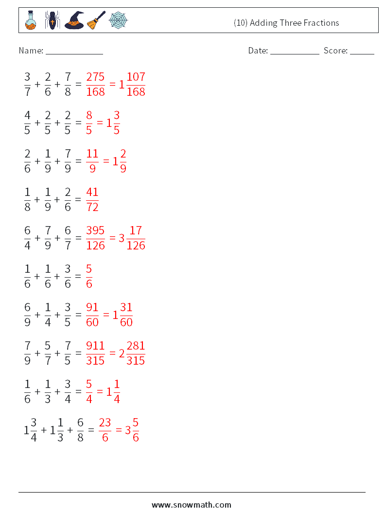 (10) Adding Three Fractions Math Worksheets 1 Question, Answer