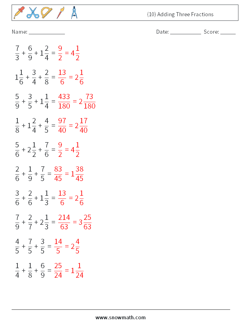 (10) Adding Three Fractions Math Worksheets 2 Question, Answer