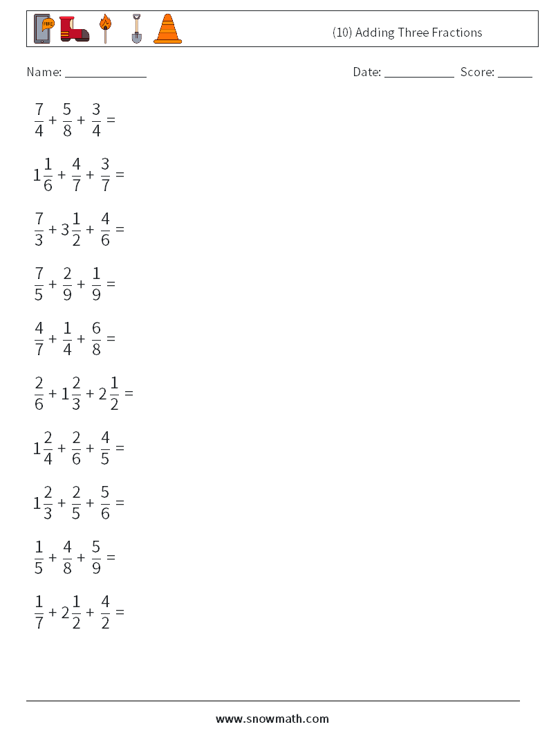 (10) Adding Three Fractions Maths Worksheets 3