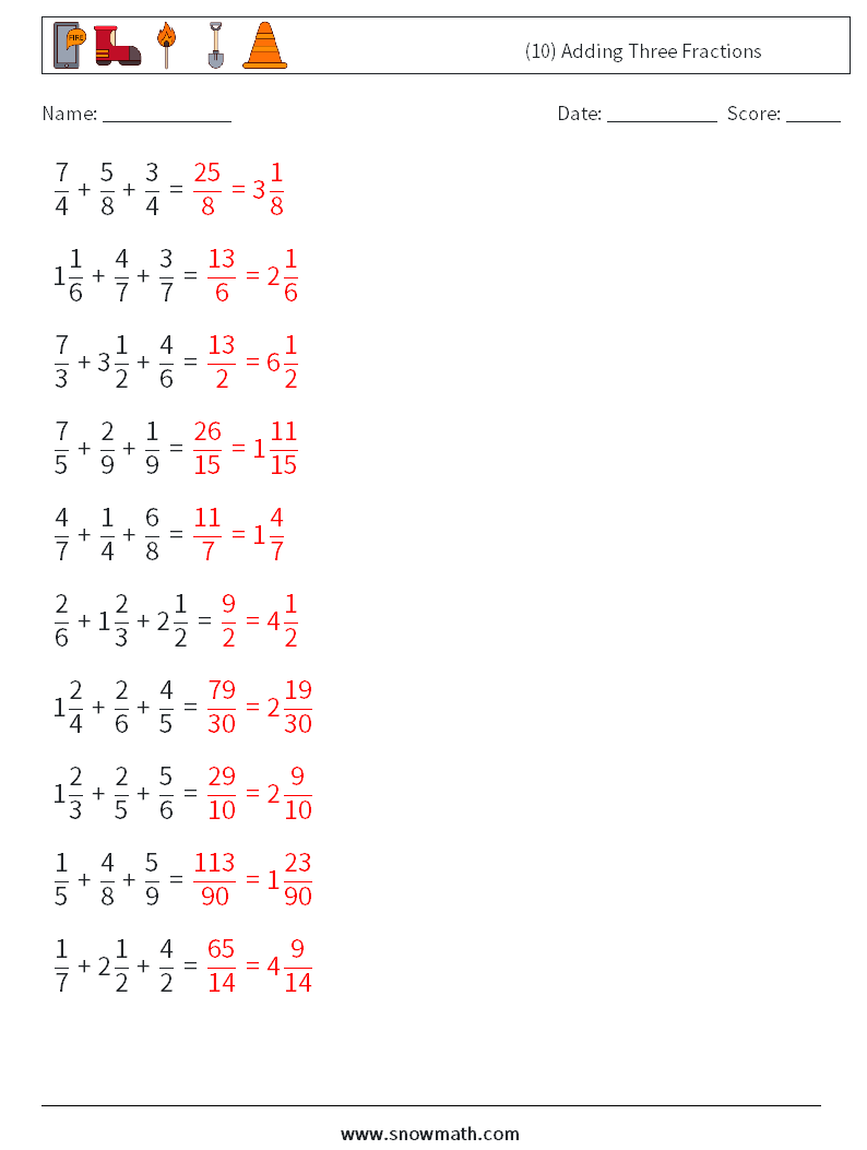 (10) Adding Three Fractions Math Worksheets 3 Question, Answer