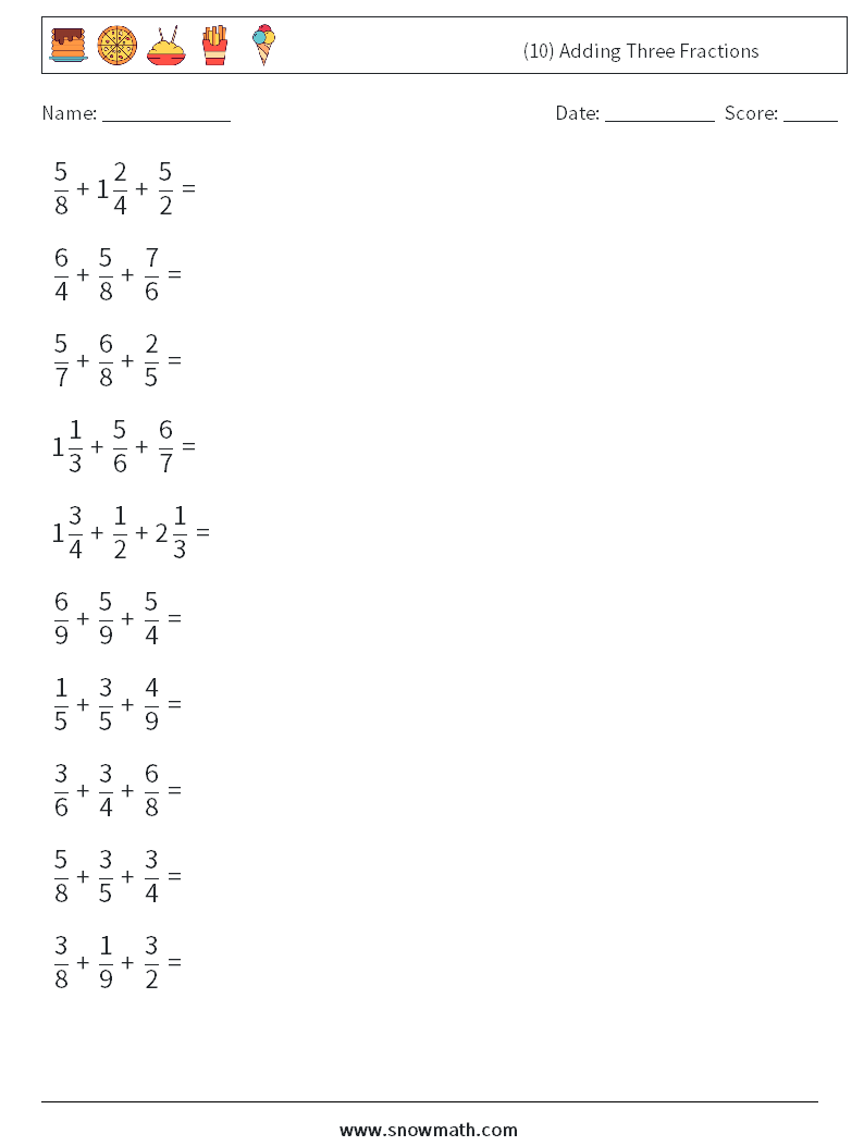 (10) Adding Three Fractions Maths Worksheets 4