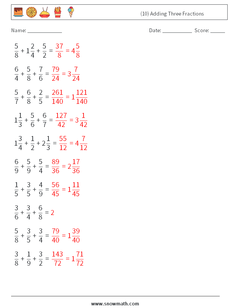 (10) Adding Three Fractions Math Worksheets 4 Question, Answer