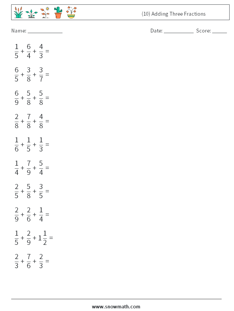 (10) Adding Three Fractions Maths Worksheets 5