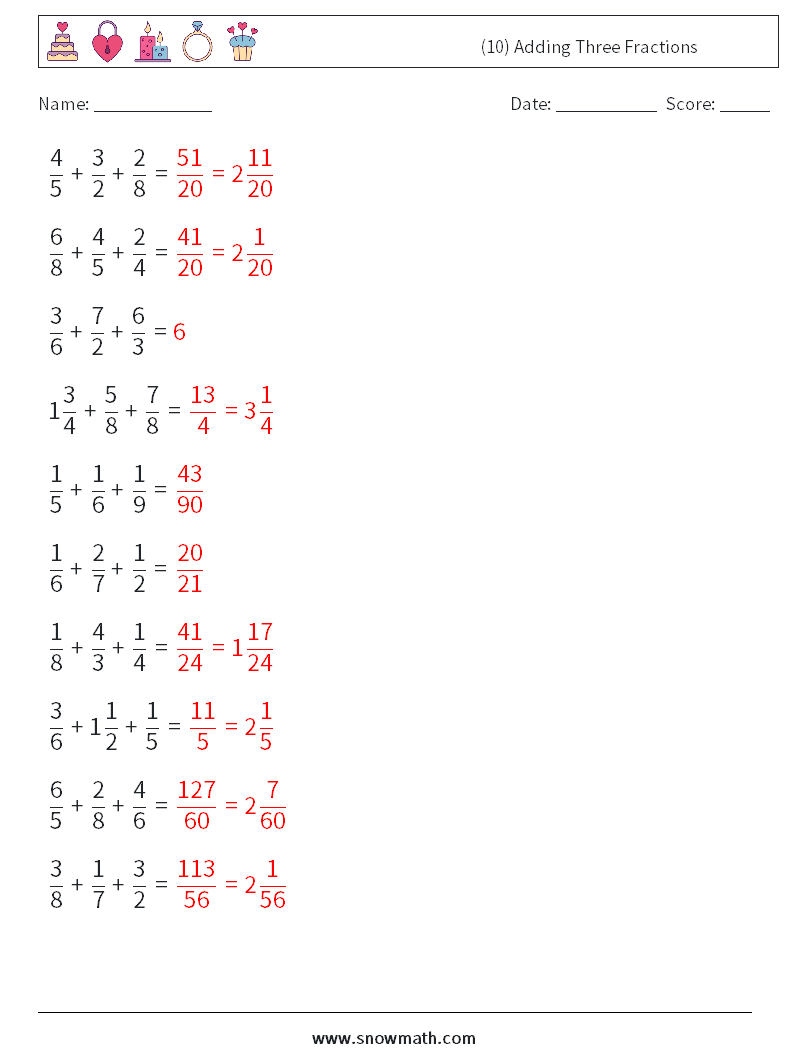 (10) Adding Three Fractions Math Worksheets 6 Question, Answer