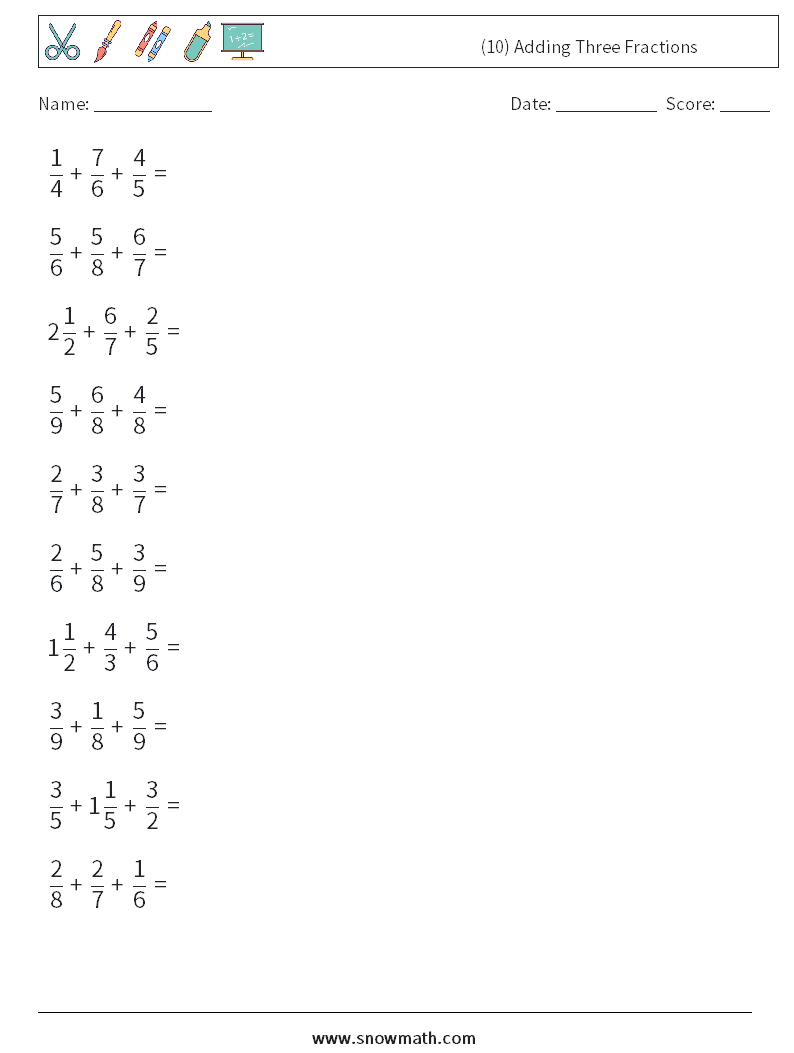 (10) Adding Three Fractions Maths Worksheets 7