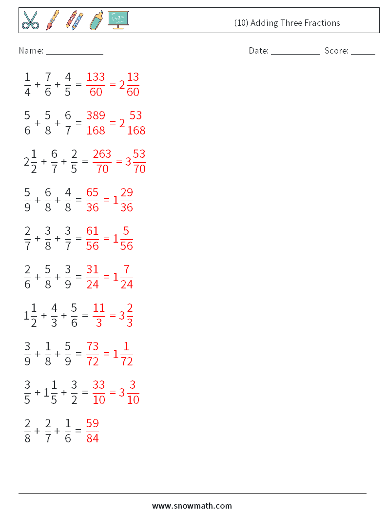(10) Adding Three Fractions Math Worksheets 7 Question, Answer