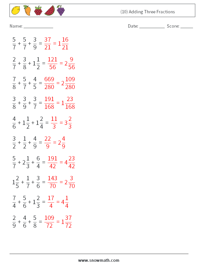 (10) Adding Three Fractions Math Worksheets 8 Question, Answer
