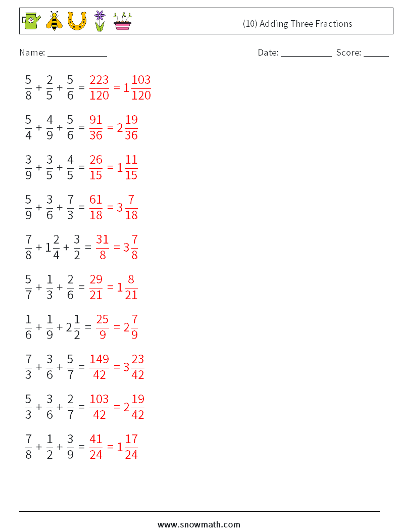 (10) Adding Three Fractions Math Worksheets 9 Question, Answer