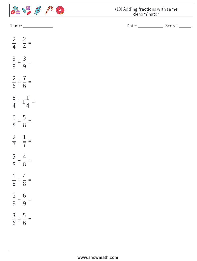 (10) Adding fractions with same denominator Maths Worksheets 12