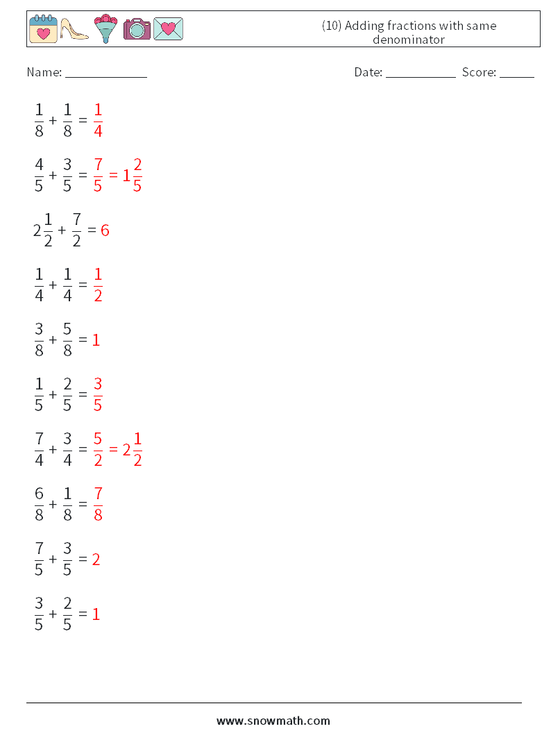 (10) Adding fractions with same denominator Math Worksheets 17 Question, Answer