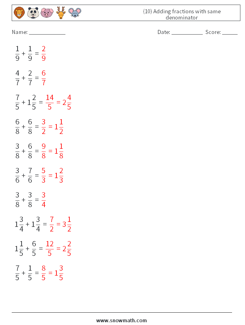 (10) Adding fractions with same denominator Math Worksheets 2 Question, Answer