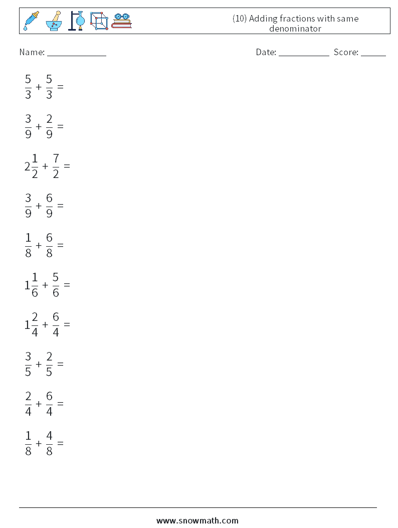 (10) Adding fractions with same denominator Maths Worksheets 3