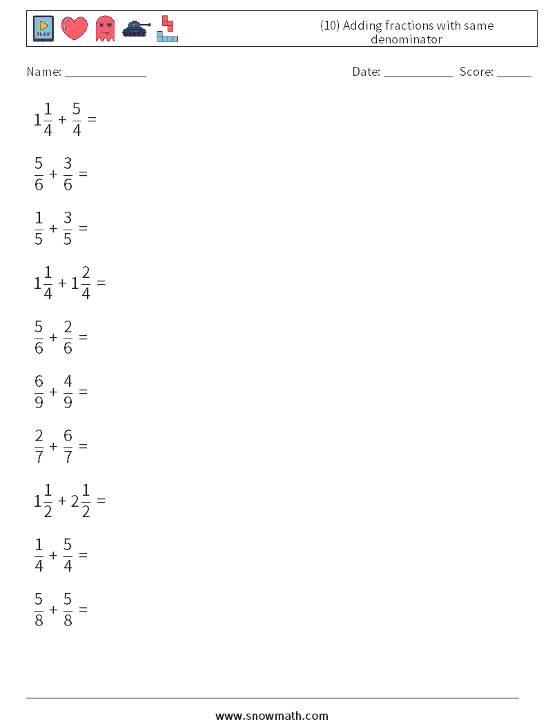 (10) Adding fractions with same denominator Maths Worksheets 7