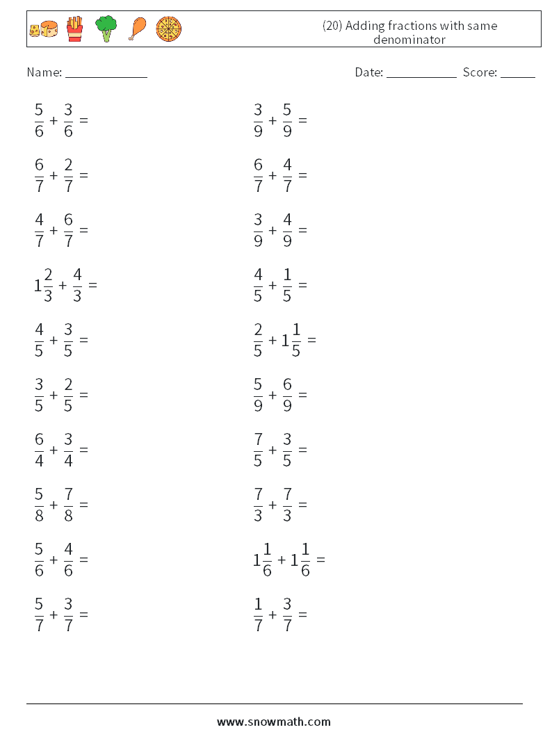 (20) Adding fractions with same denominator Maths Worksheets 1