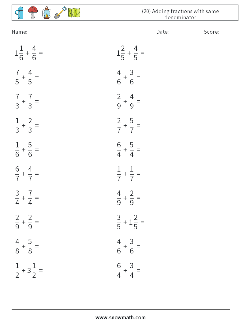 (20) Adding fractions with same denominator Math Worksheets 10