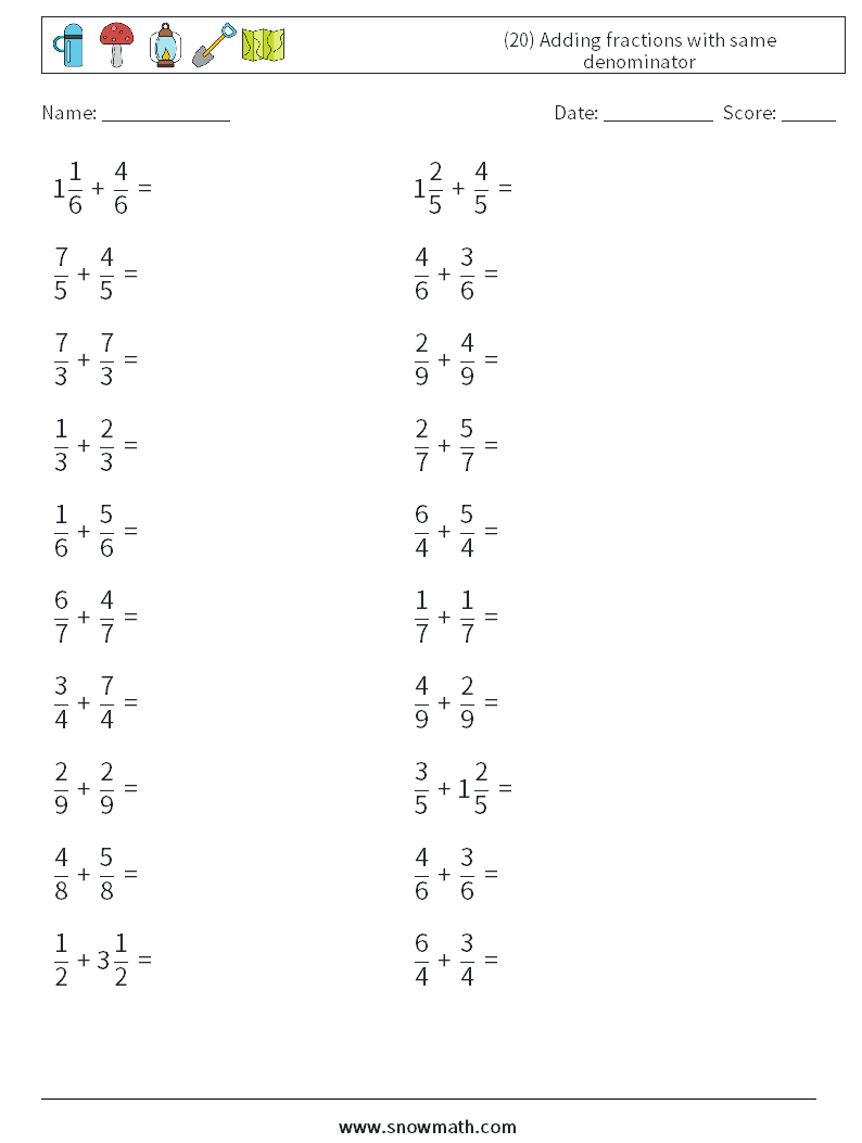 (20) Adding fractions with same denominator Maths Worksheets 10