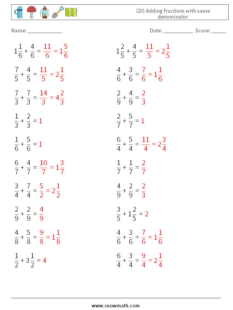 (20) Adding fractions with same denominator Math Worksheets 10 Question, Answer