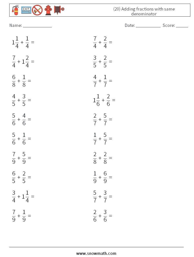 (20) Adding fractions with same denominator Math Worksheets 11