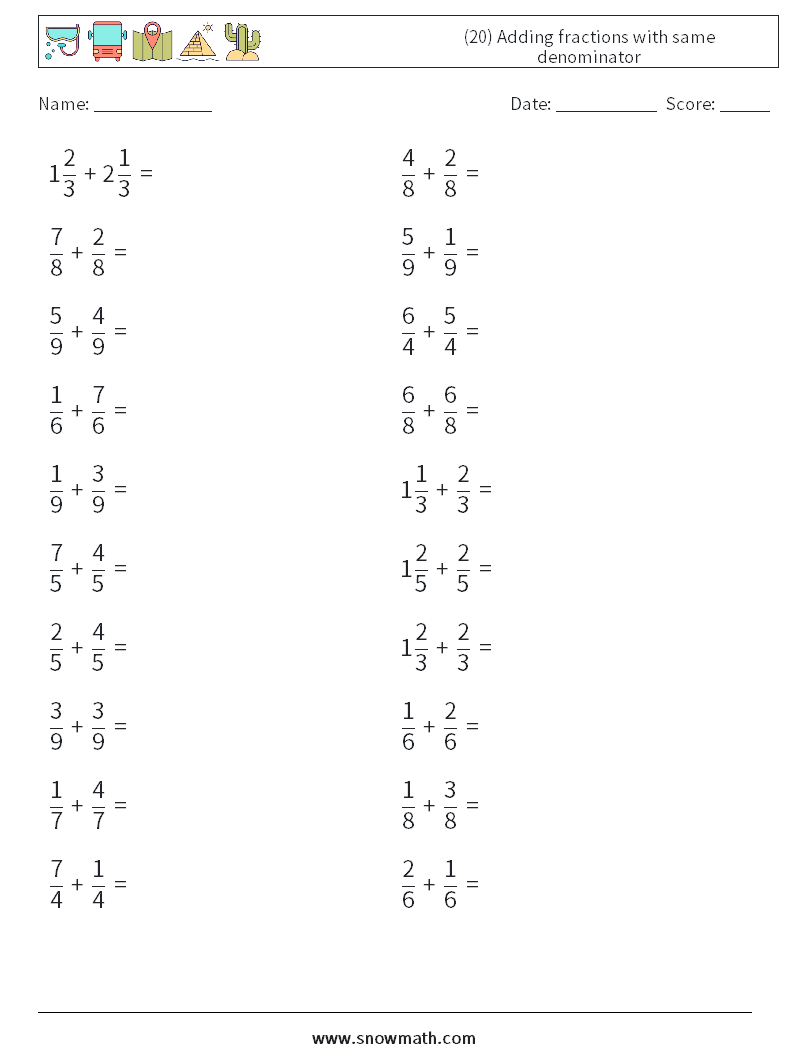 (20) Adding fractions with same denominator Math Worksheets 12