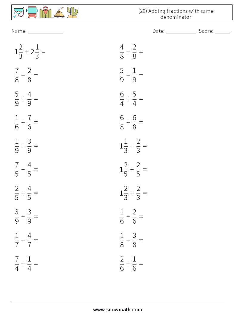 (20) Adding fractions with same denominator Maths Worksheets 12