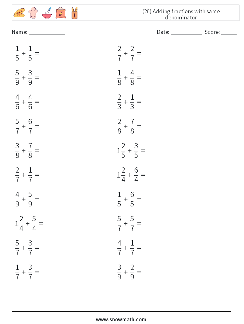 (20) Adding fractions with same denominator Math Worksheets 13