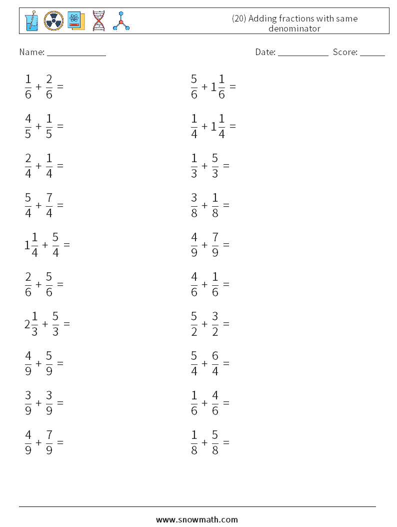 (20) Adding fractions with same denominator Maths Worksheets 14