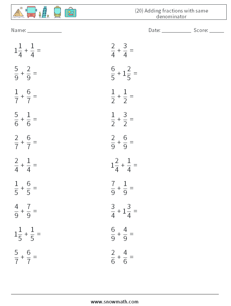 (20) Adding fractions with same denominator Math Worksheets 15