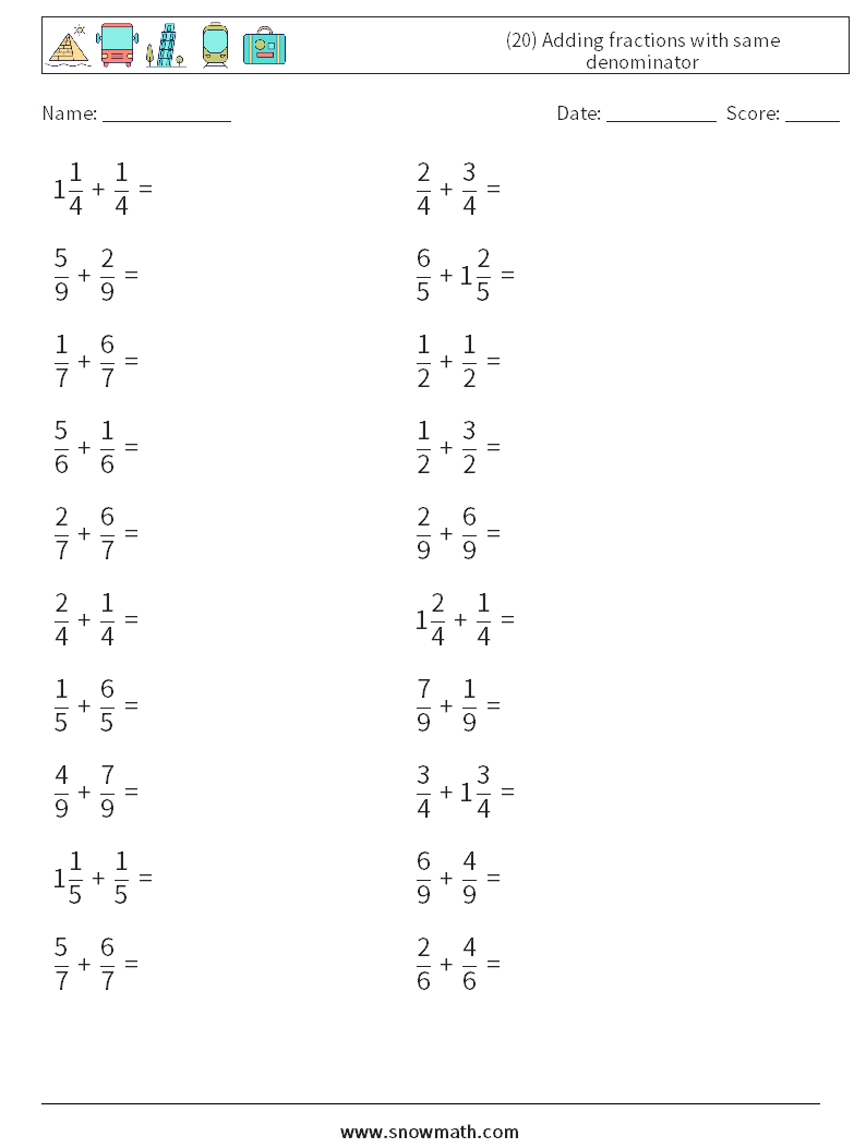 (20) Adding fractions with same denominator Maths Worksheets 15