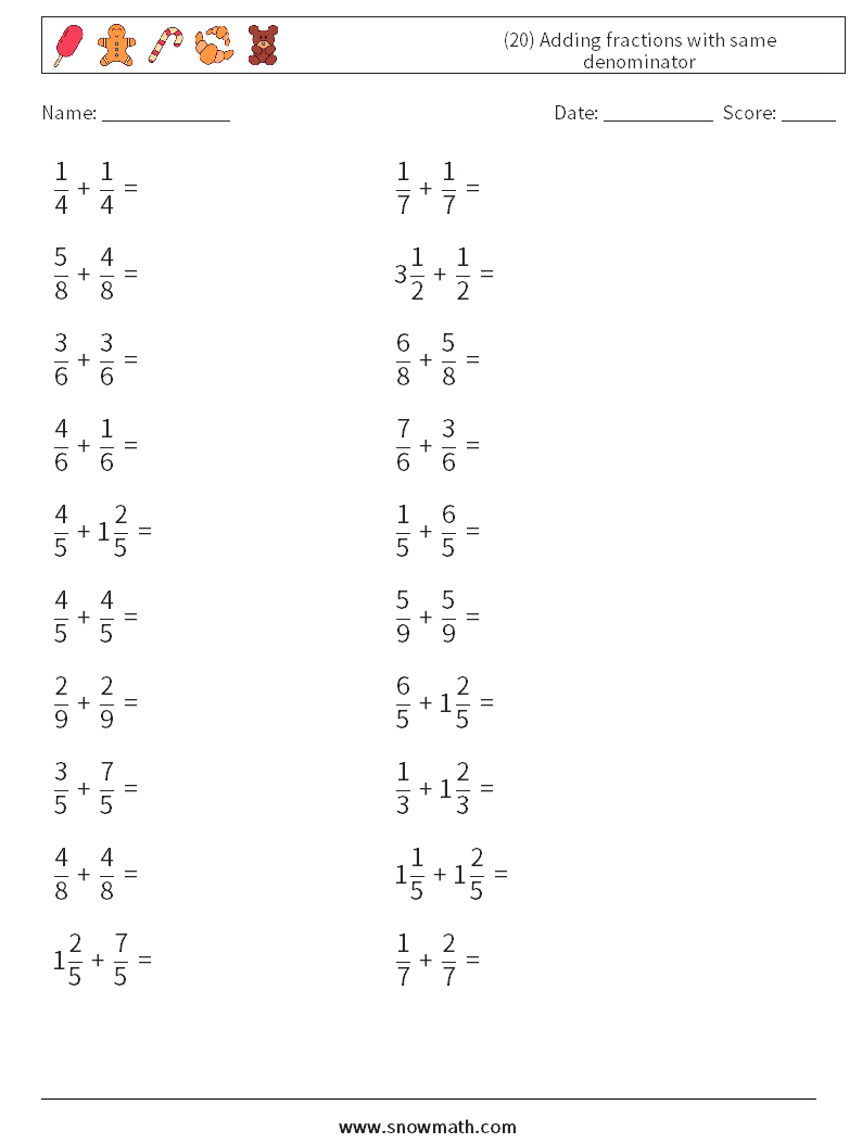 (20) Adding fractions with same denominator Math Worksheets 17