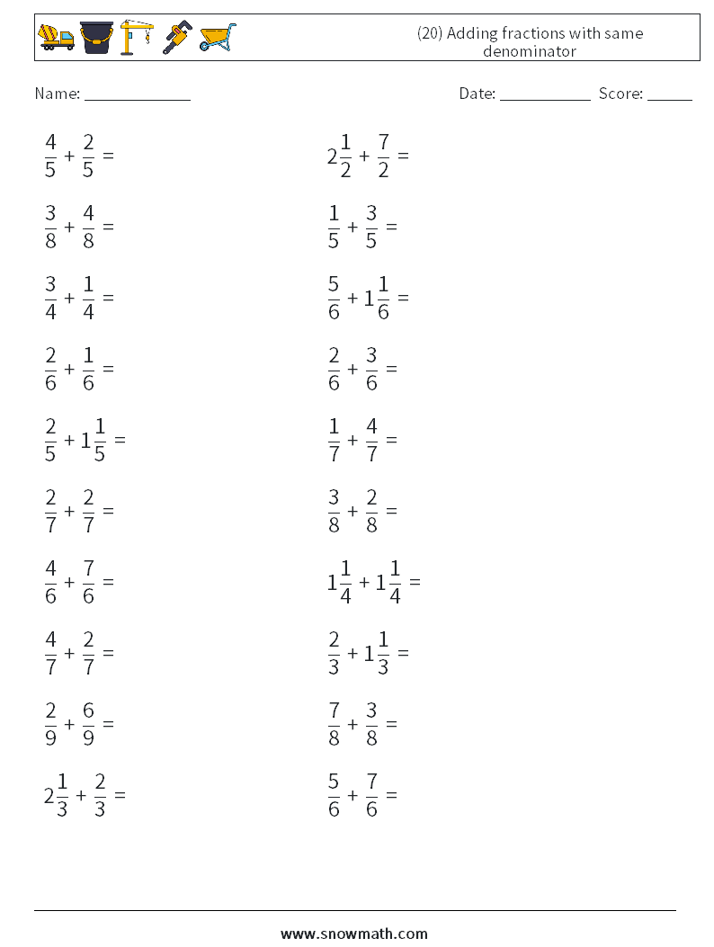 (20) Adding fractions with same denominator Math Worksheets 18