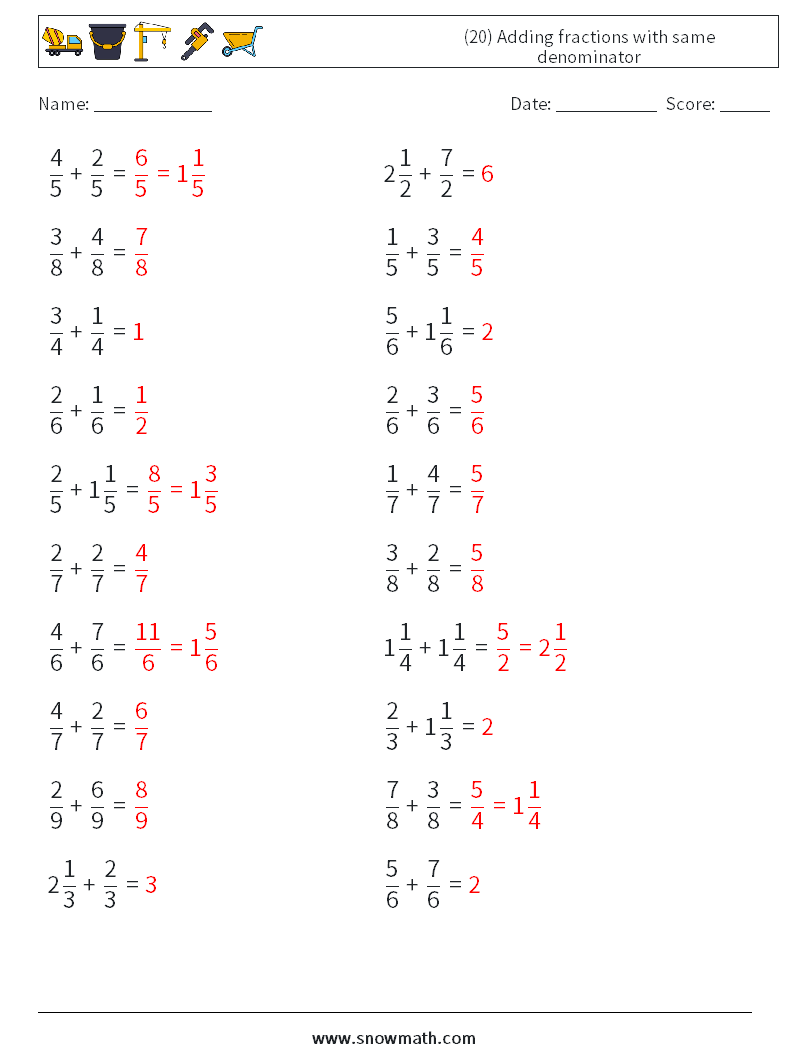 (20) Adding fractions with same denominator Math Worksheets 18 Question, Answer