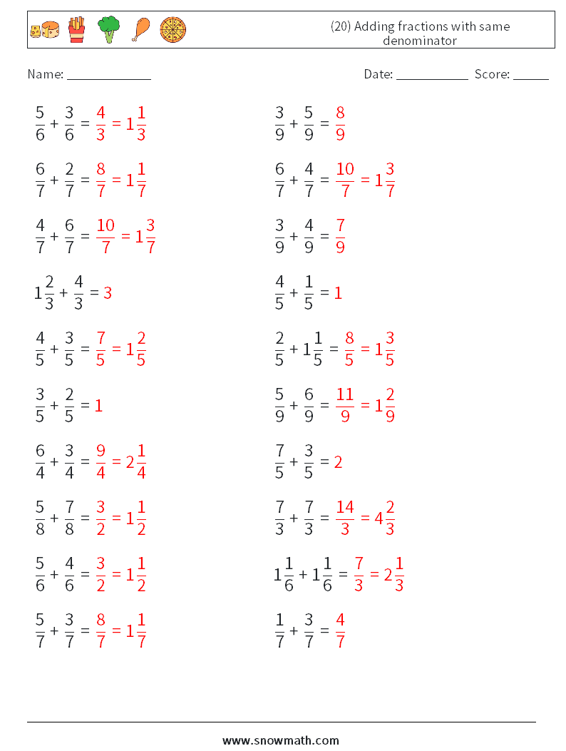 (20) Adding fractions with same denominator Math Worksheets 1 Question, Answer