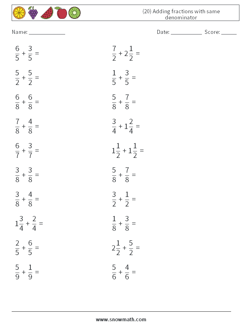 (20) Adding fractions with same denominator Math Worksheets 2