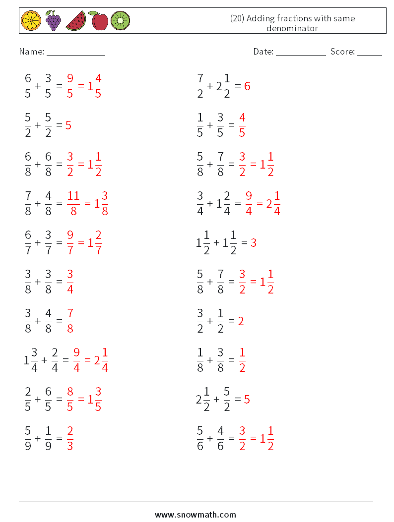 (20) Adding fractions with same denominator Math Worksheets 2 Question, Answer