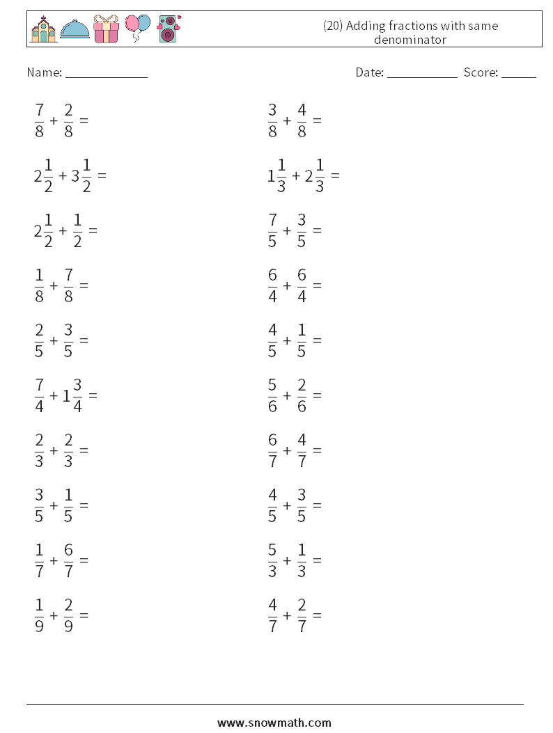 (20) Adding fractions with same denominator Math Worksheets 3