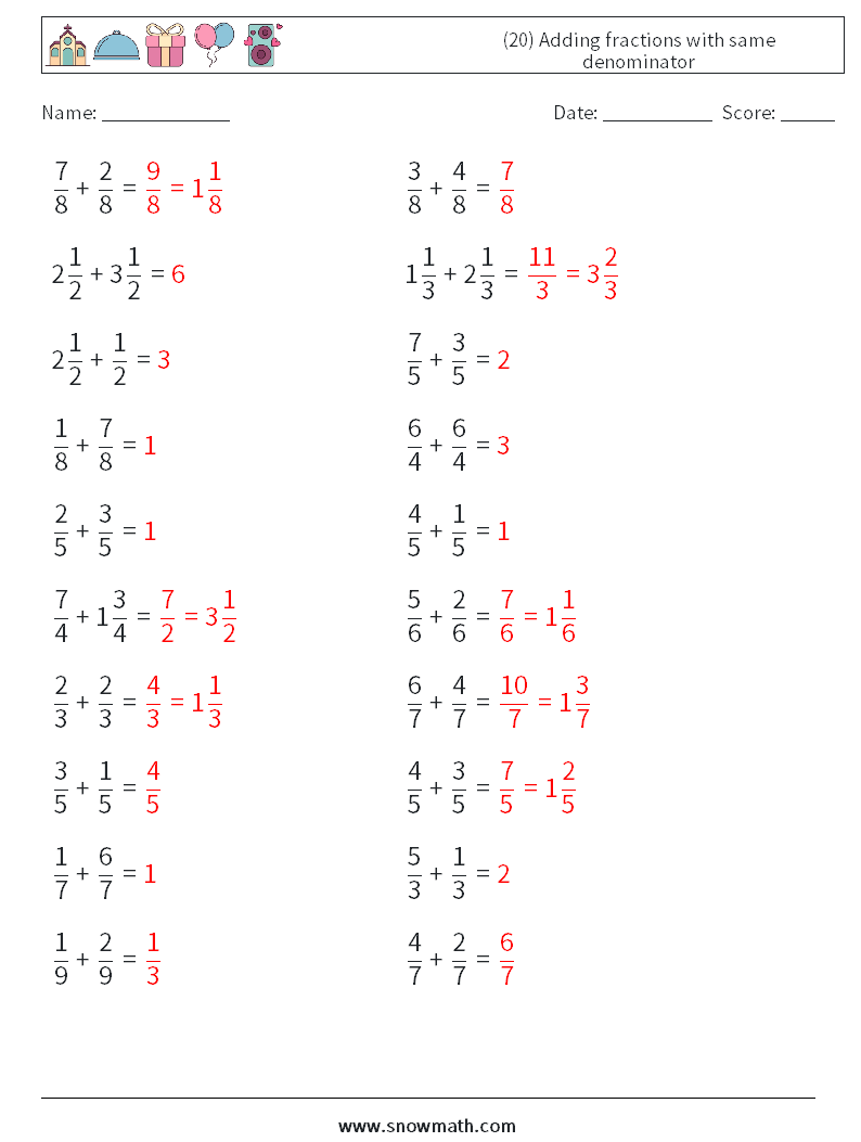 (20) Adding fractions with same denominator Math Worksheets 3 Question, Answer