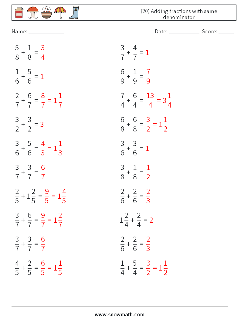 (20) Adding fractions with same denominator Math Worksheets 4 Question, Answer