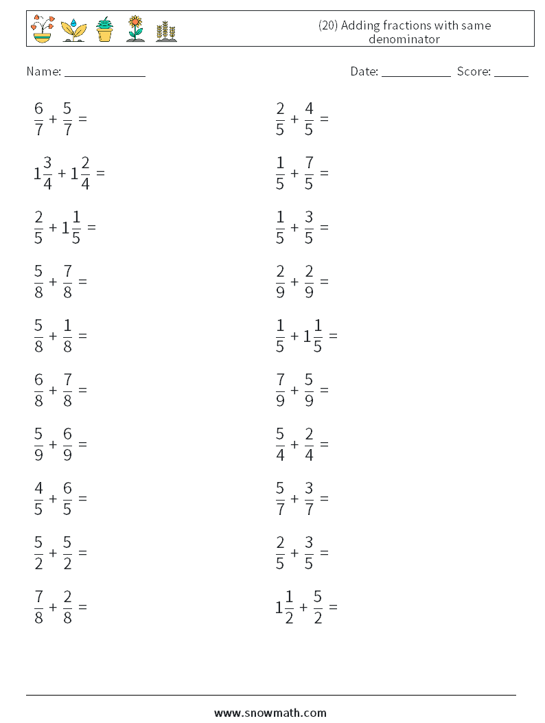 (20) Adding fractions with same denominator Maths Worksheets 5