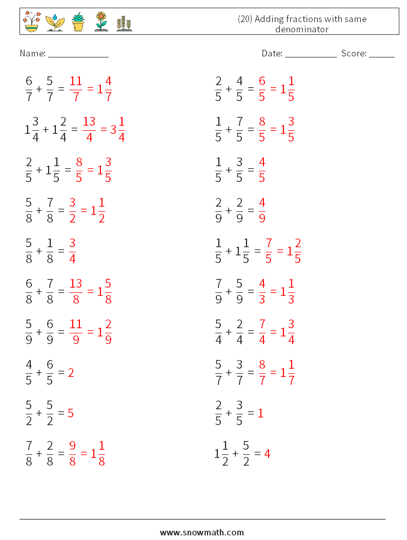 (20) Adding fractions with same denominator Math Worksheets 5 Question, Answer