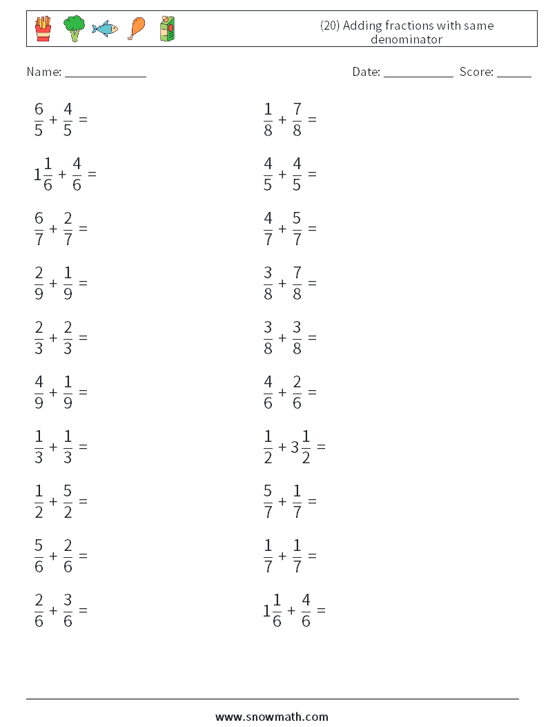 (20) Adding fractions with same denominator Math Worksheets 6