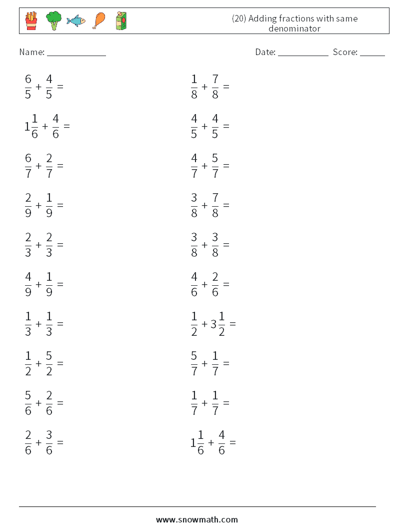 (20) Adding fractions with same denominator Maths Worksheets 6