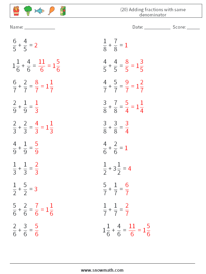 (20) Adding fractions with same denominator Math Worksheets 6 Question, Answer