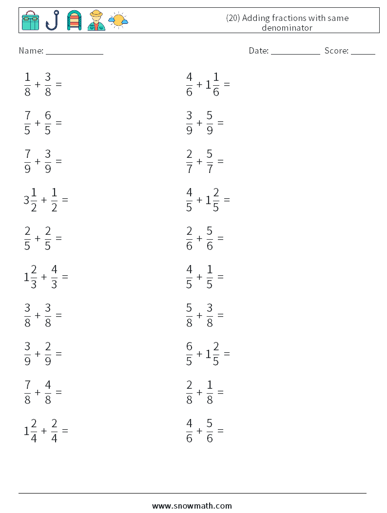 (20) Adding fractions with same denominator Math Worksheets 7
