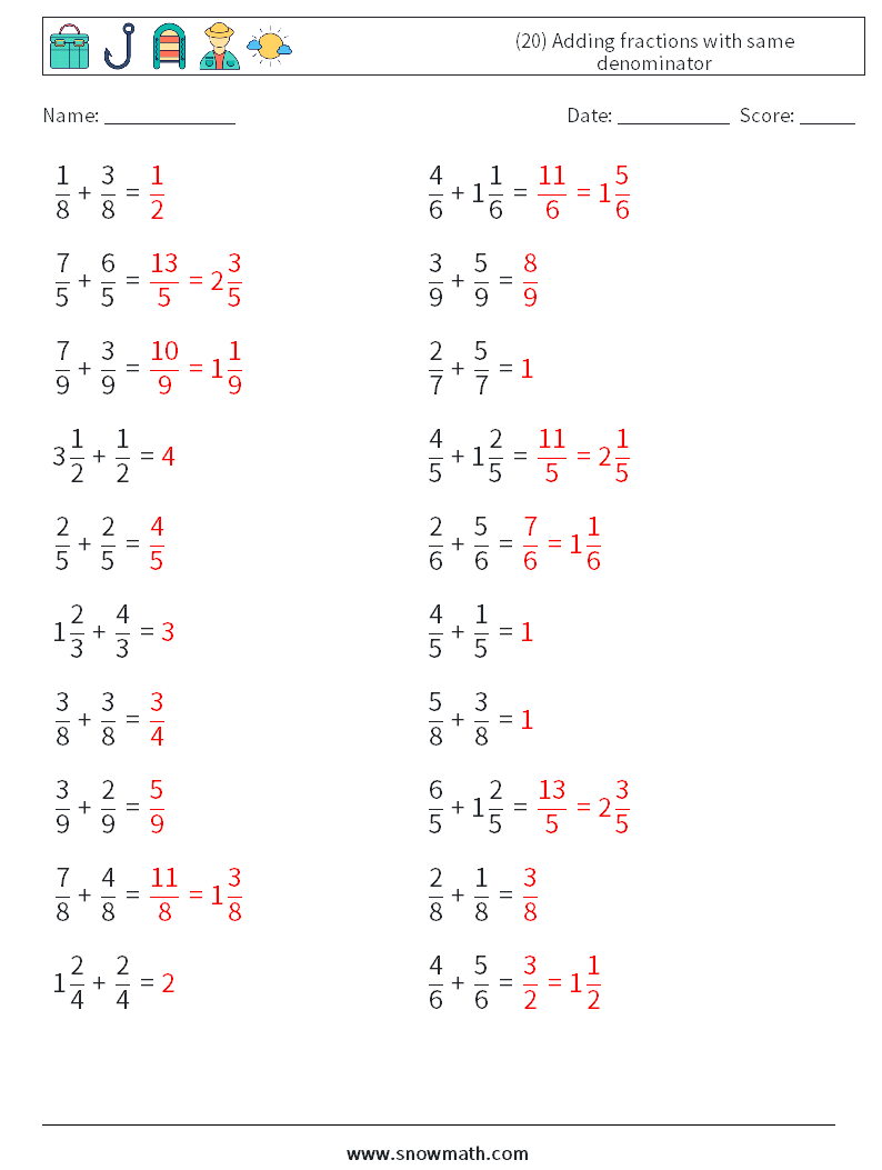 (20) Adding fractions with same denominator Math Worksheets 7 Question, Answer