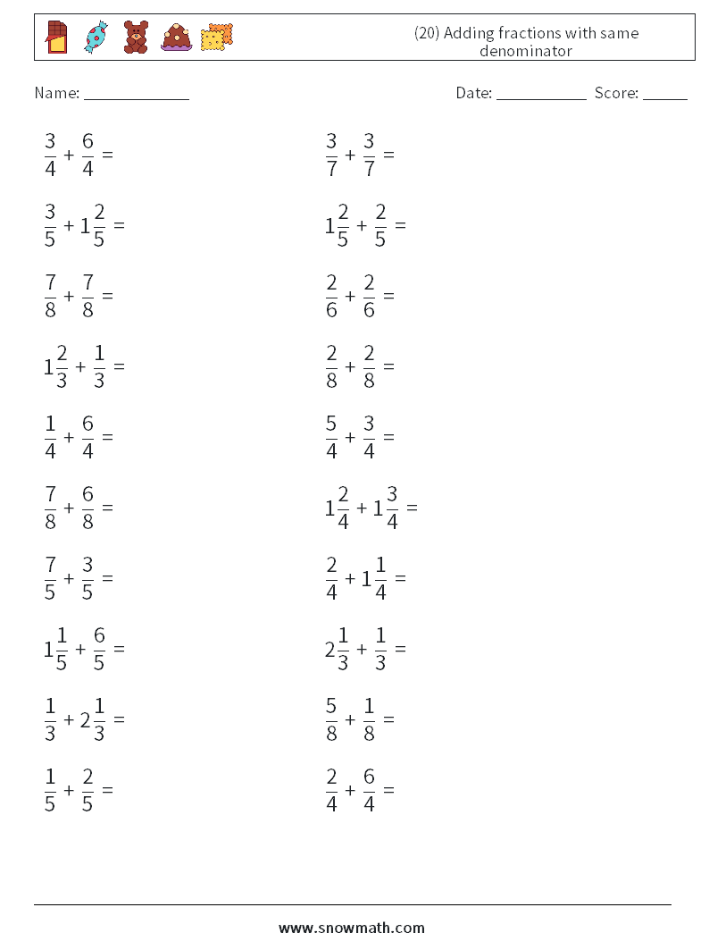 (20) Adding fractions with same denominator Math Worksheets 8